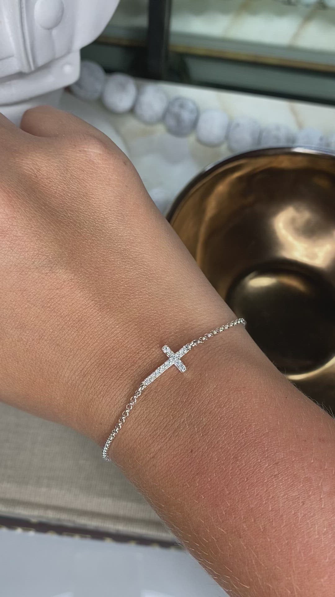 CZ Sideways Cross Bracelet | Sterling Silver & Gold Filled Rolo Chain